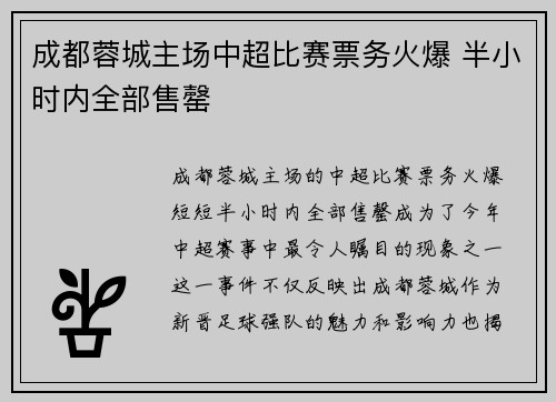 成都蓉城主场中超比赛票务火爆 半小时内全部售罄