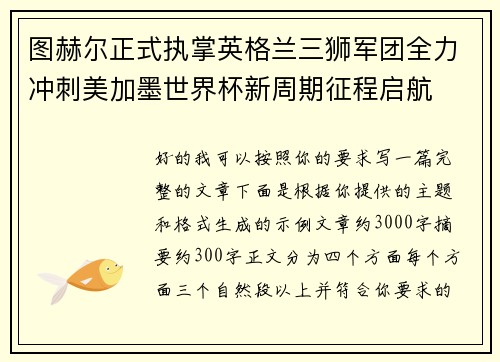 图赫尔正式执掌英格兰三狮军团全力冲刺美加墨世界杯新周期征程启航 图赫尔正式执掌英格兰三狮军团全力冲刺美加墨世界杯新周期征程启航